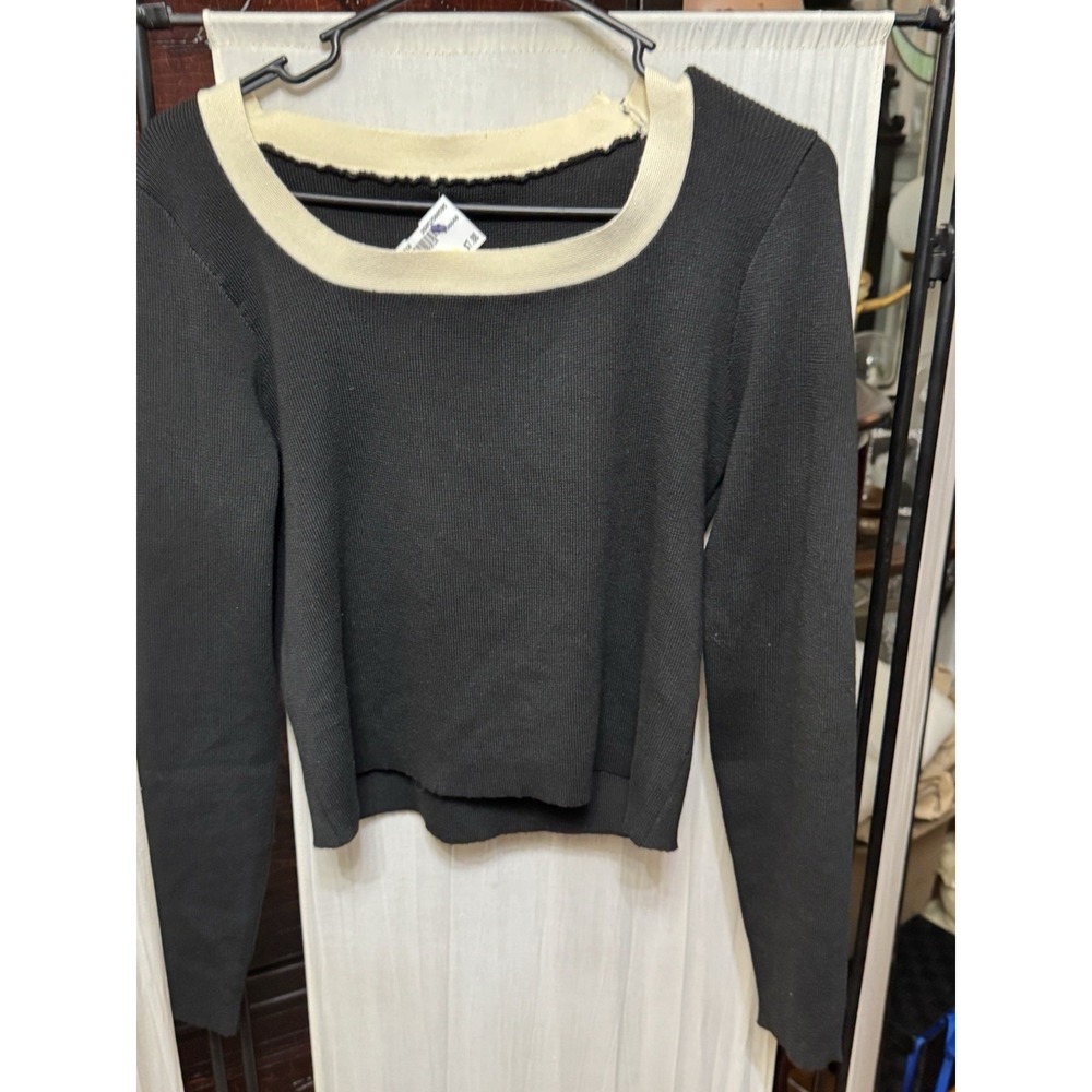 Women's Medium Black Ivory Bow Tie Shoulder Long Sleeve Knit Sweater Top